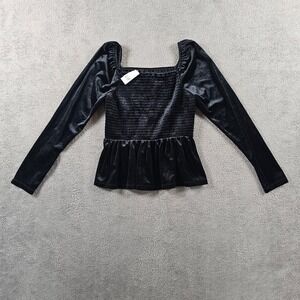 GAP‎ Black Velvet Smocked Peplum Top Square Neck Long Sleeve Small Petite SP